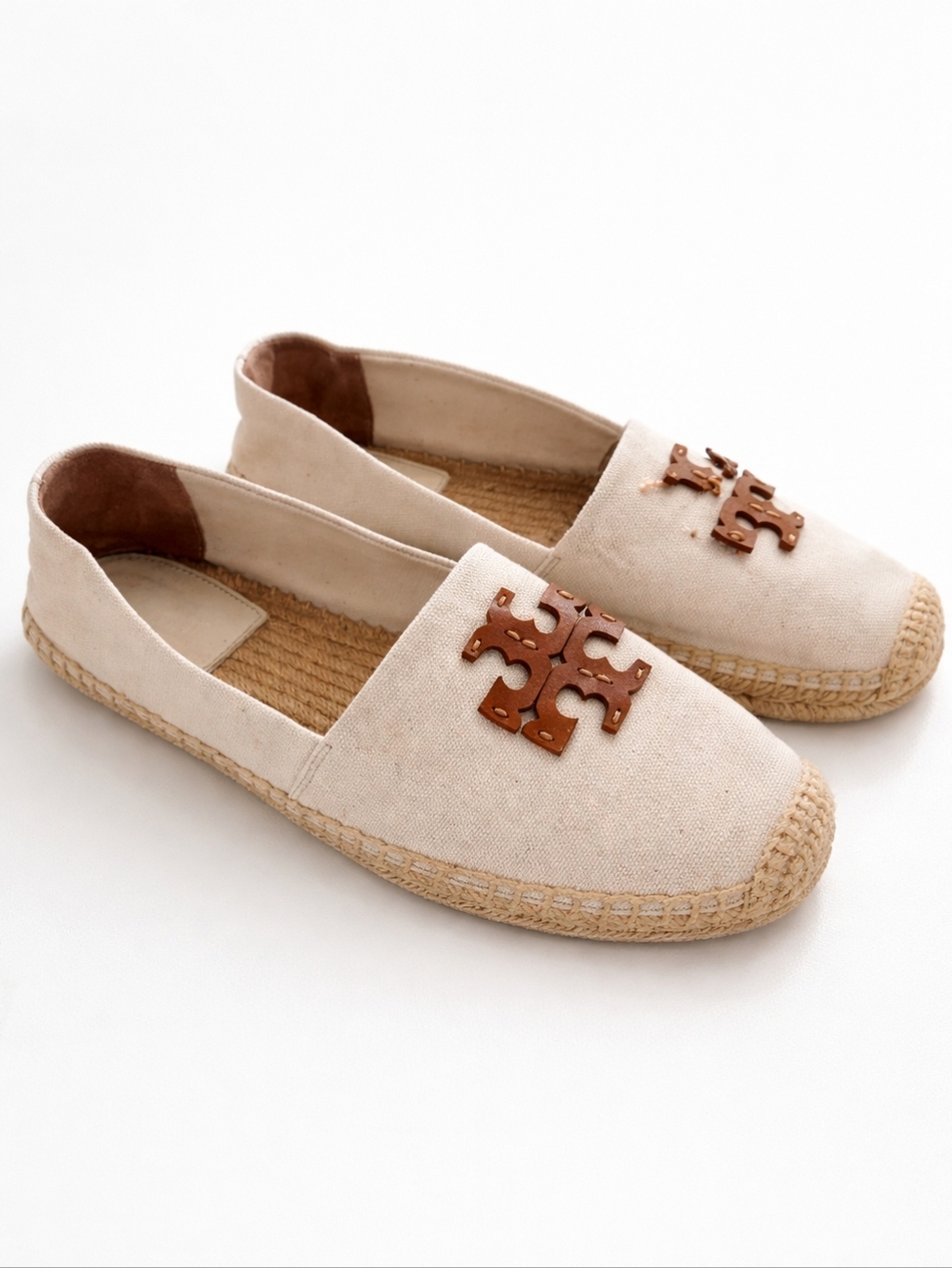 Tory Burch Everly Espadrilles Size 7.5 Ivory Canvas Logo Slip-On Flats Shoes